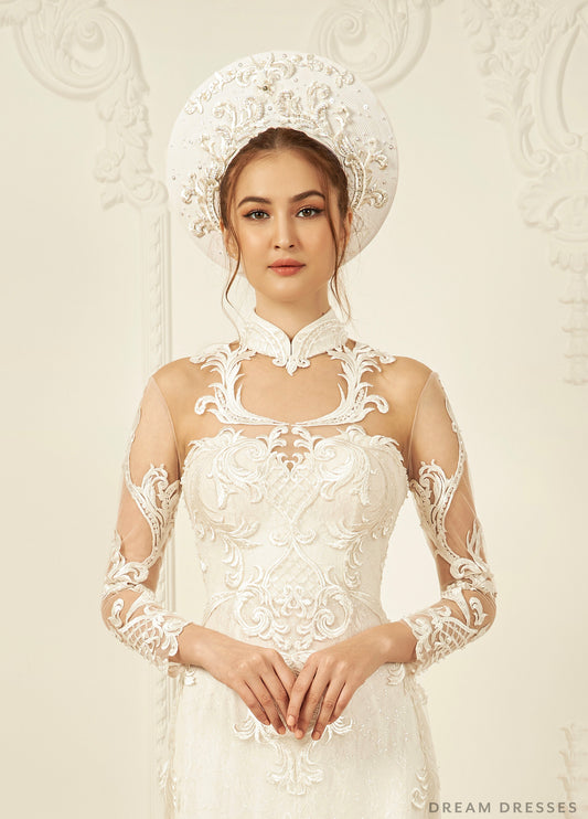 White Ao Dai Hat | Vietnamese Bridal Hat (#LIA) - Dream Dresses by P.M.N.