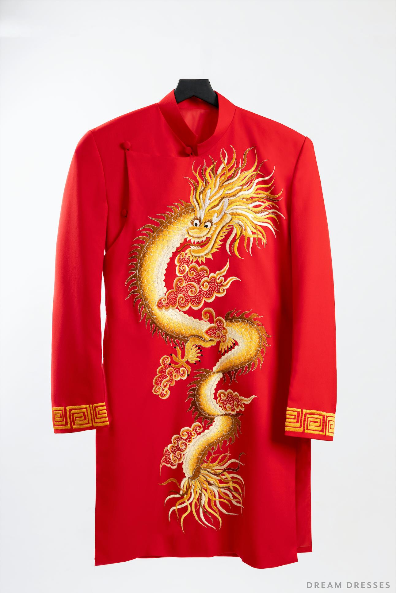 Red and Gold Groom Jacket with Dragon Embroidery| Vietnamese Groom Ao Dai  (#Long) - Dream Dresses by P.M.N.