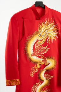 Red and Gold Groom Jacket with Dragon Embroidery| Vietnamese Groom Ao Dai  (#Long) - Dream Dresses by P.M.N.