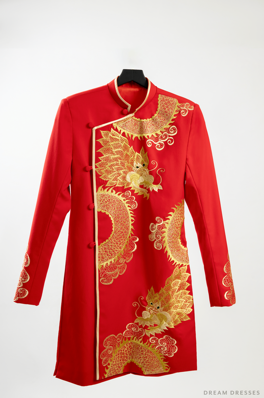 Red and Gold Groom Jacket with Dragon Embroidery| Vietnamese Groom Ao Dai  (#Ming) - Dream Dresses by P.M.N.