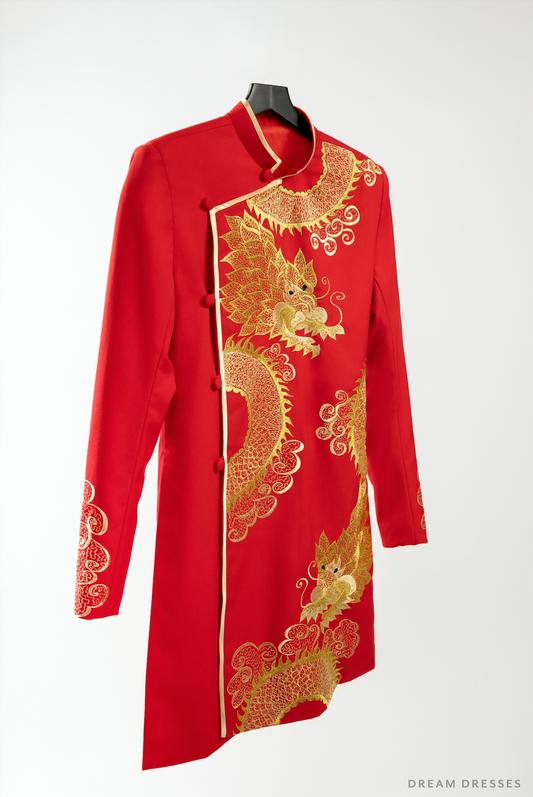 Red and Gold Groom Jacket with Dragon Embroidery| Vietnamese Groom Ao Dai  (#Ming) - Dream Dresses by P.M.N.