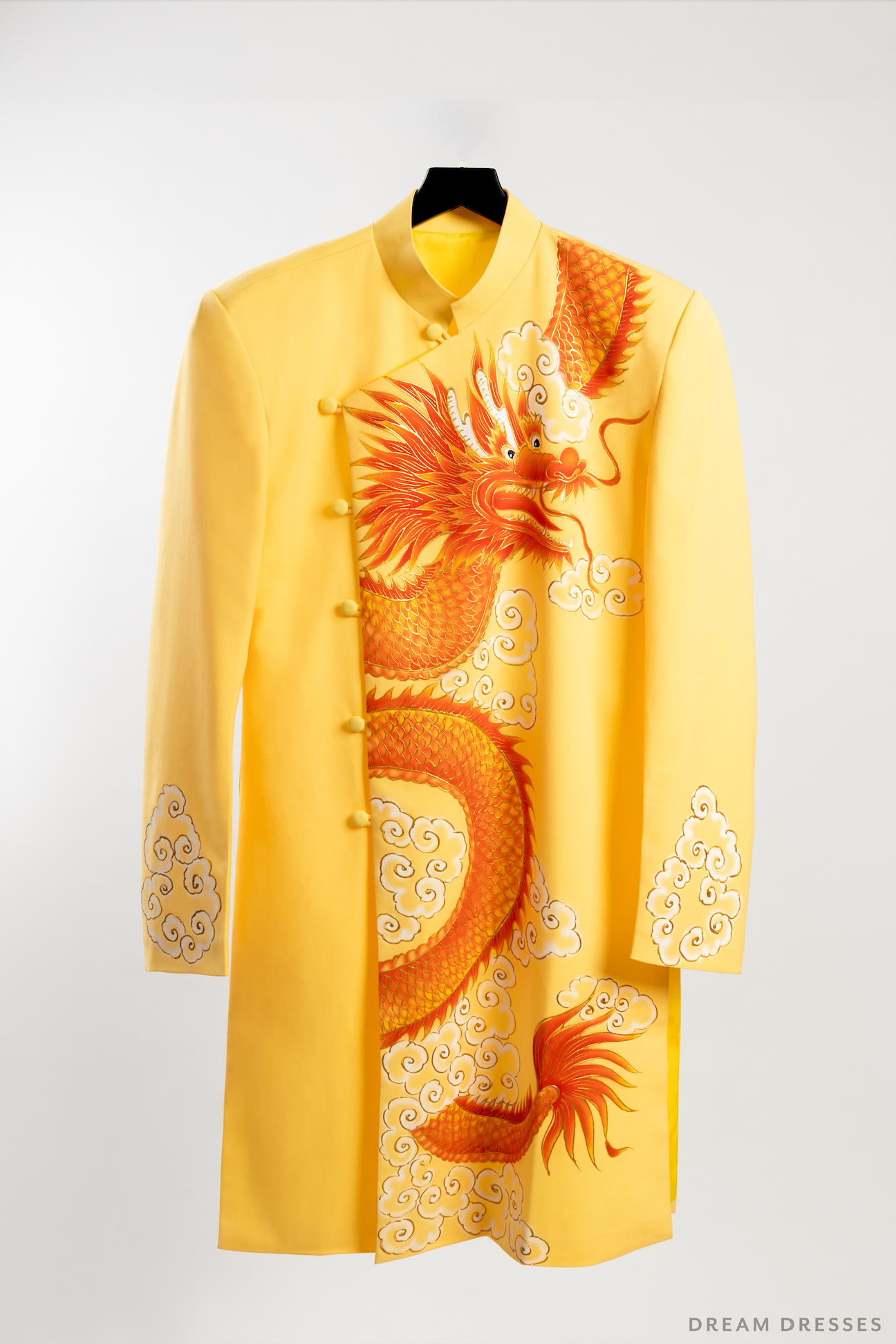 Yellow Groom Ao Dai Jacket | Hand-Painted Dragon Vietnamese Ao Dai (#An) - Dream Dresses by P.M.N.