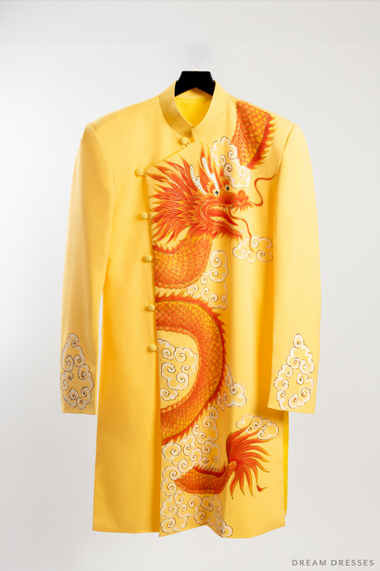 Yellow Groom Ao Dai Jacket | Hand-Painted Dragon Vietnamese Ao Dai (#An) - Dream Dresses by P.M.N.