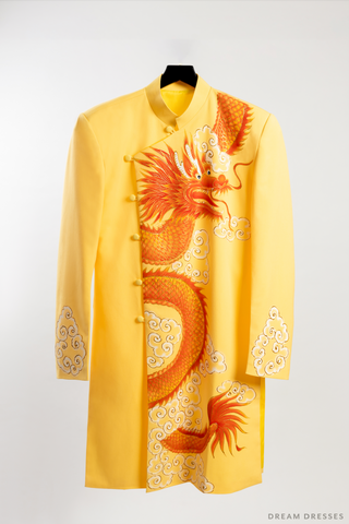 Yellow Groom Ao Dai Jacket | Hand-Painted Dragon Vietnamese Ao Dai (#An)