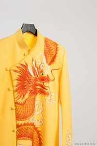 Yellow Groom Ao Dai Jacket | Hand-Painted Dragon Vietnamese Ao Dai (#An) - Dream Dresses by P.M.N.