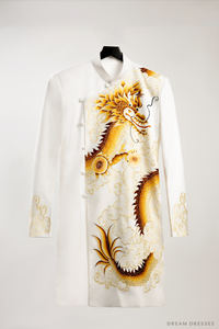 White Groom Ao Dai Jacket with Dragon Embroidery | Vietnamese Ao Dai (#Han) - Dream Dresses by P.M.N.