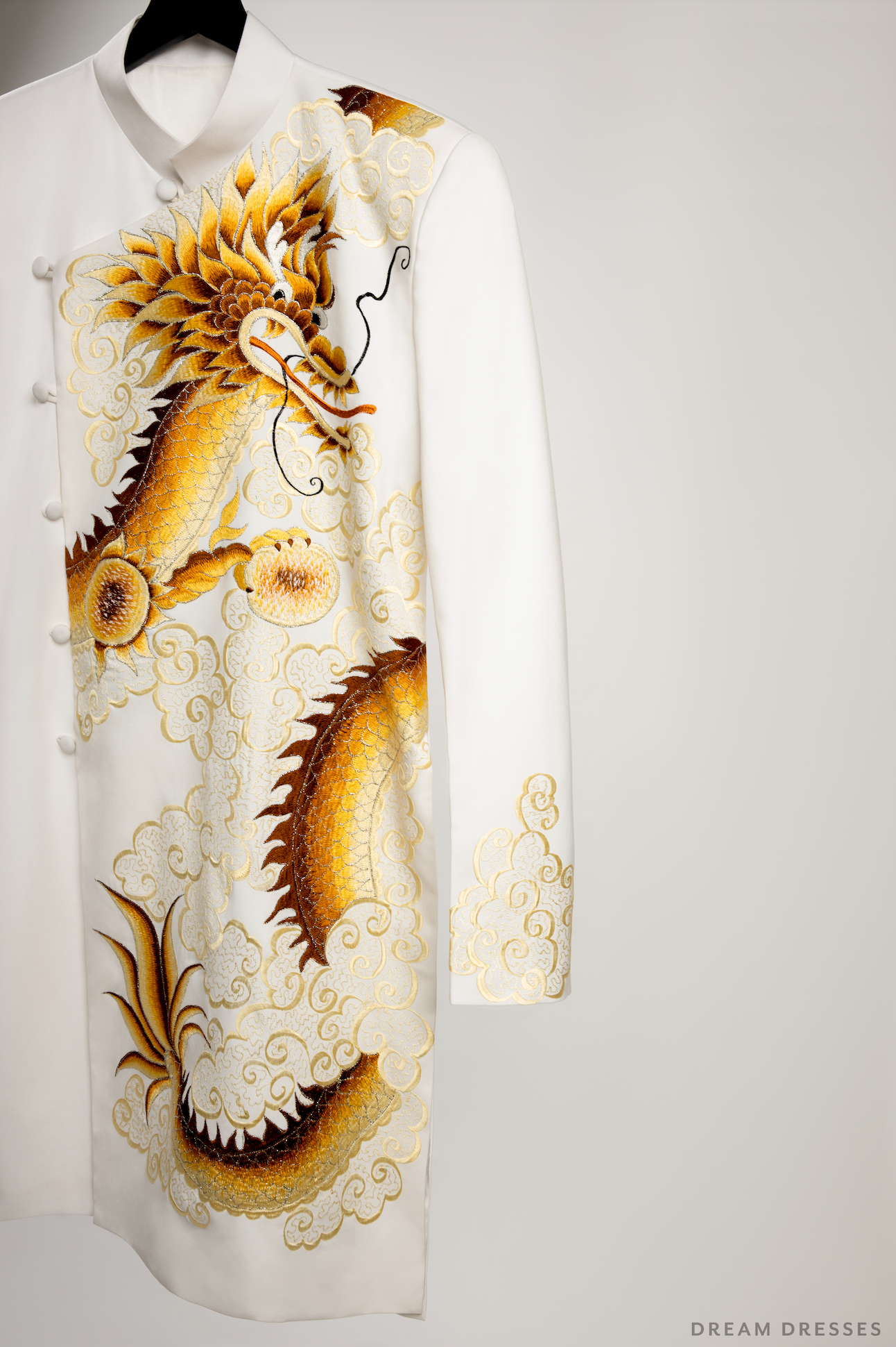 White Groom Ao Dai Jacket with Dragon Embroidery | Vietnamese Ao Dai (#Han) - Dream Dresses by P.M.N.