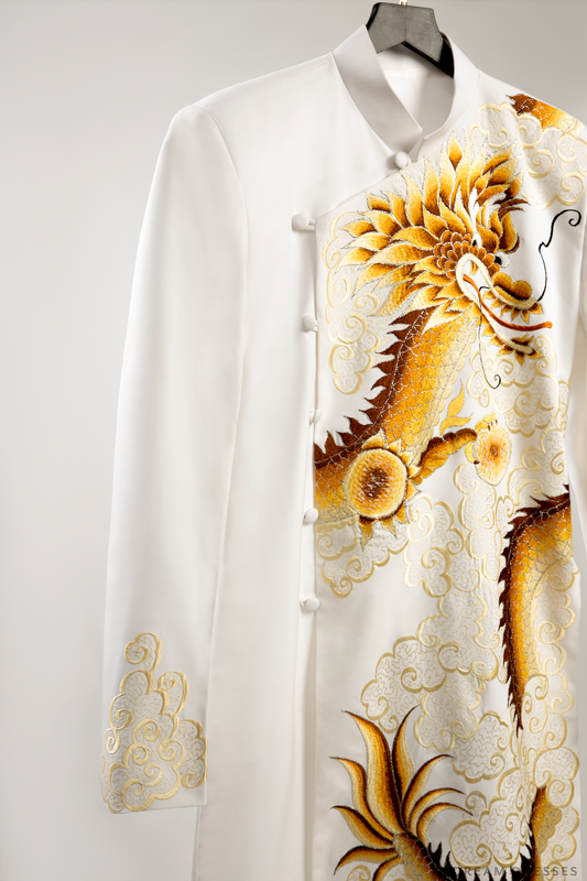 White Groom Ao Dai Jacket with Dragon Embroidery | Vietnamese Ao Dai (#Han) - Dream Dresses by P.M.N.