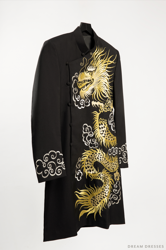 Black Groom Ao Dai Jacket with Dragon Embroidery | Vietnamese Ao Dai (#Shin) - Dream Dresses by P.M.N.