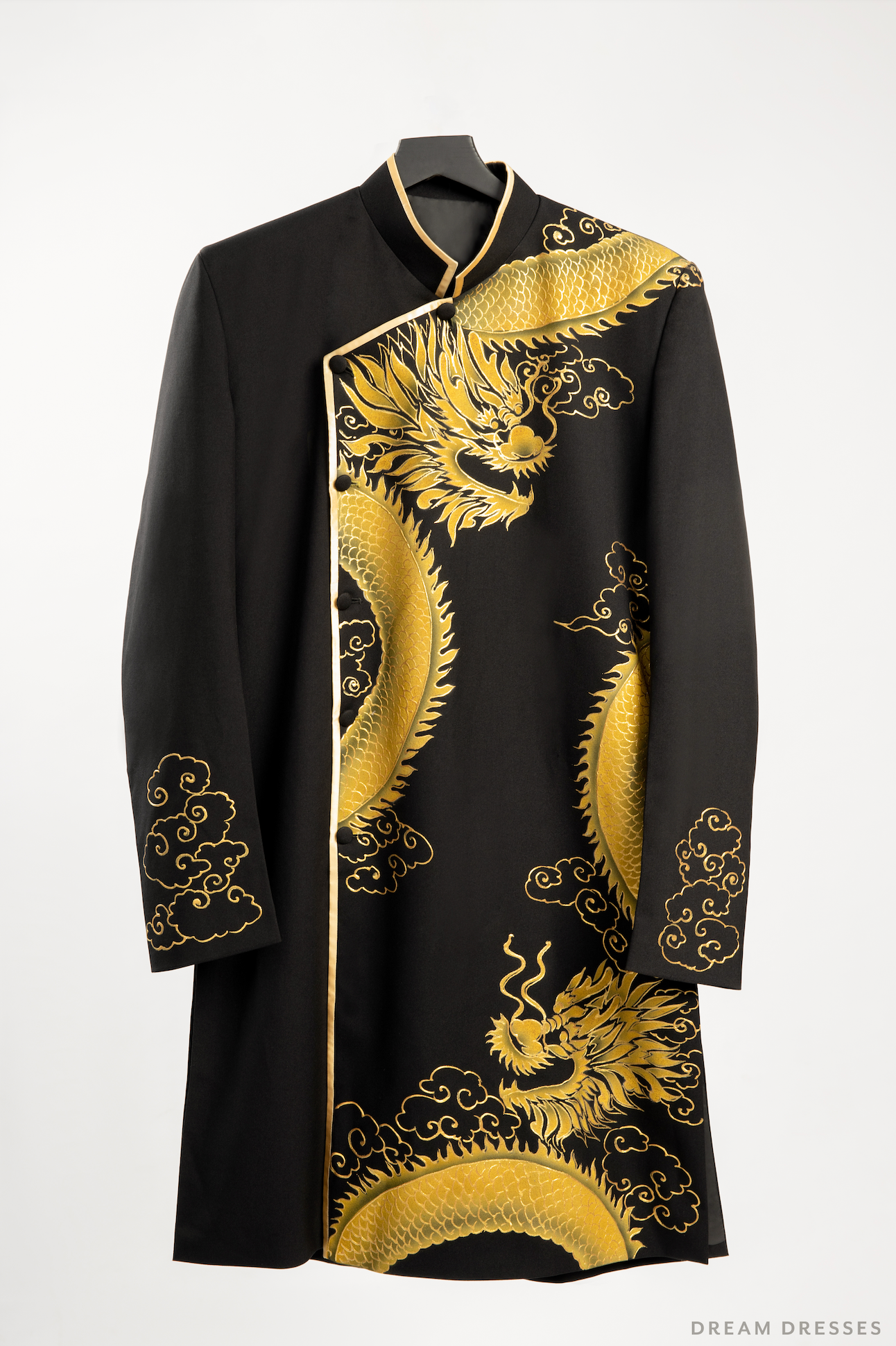 Black Groom Ao Dai Jacket | Hand-Painted Dragon Vietnamese Ao Dai (#Kwan) - Dream Dresses by P.M.N.