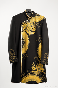 Black Groom Ao Dai Jacket | Hand-Painted Dragon Vietnamese Ao Dai (#Kwan) - Dream Dresses by P.M.N.