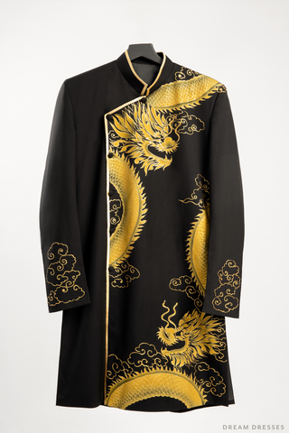 Black Groom Ao Dai Jacket | Hand-Painted Dragon Vietnamese Ao Dai (#Kwan)