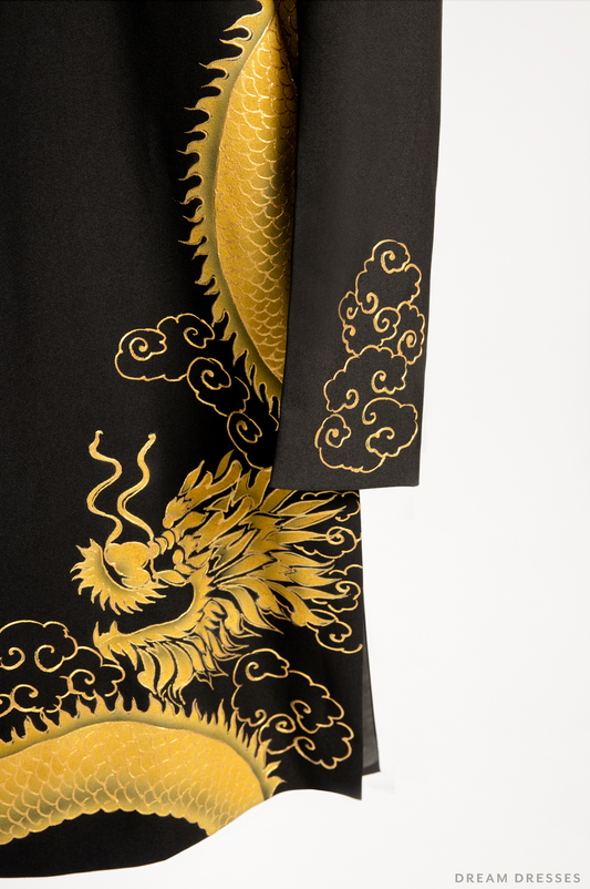 Black Groom Ao Dai Jacket | Hand-Painted Dragon Vietnamese Ao Dai (#Kwan) - Dream Dresses by P.M.N.