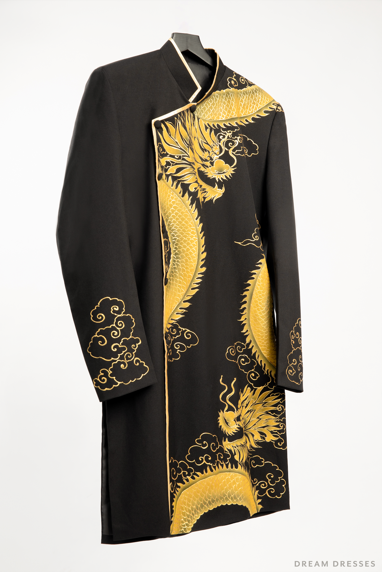 Black Groom Ao Dai Jacket, Hand-Painted Dragon Vietnamese Ao Dai