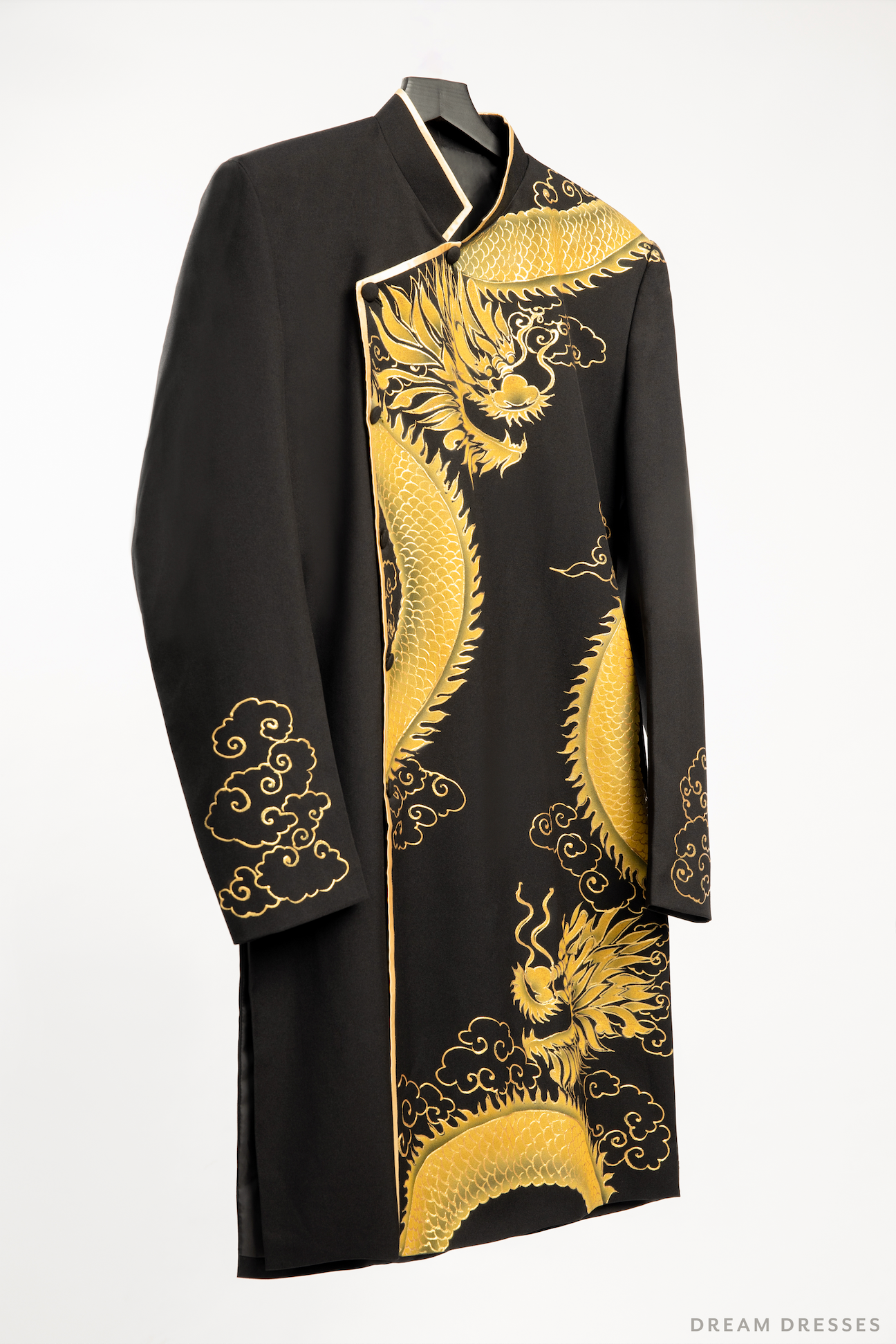 Black Groom Ao Dai Jacket | Hand-Painted Dragon Vietnamese Ao Dai (#Kwan) - Dream Dresses by P.M.N.