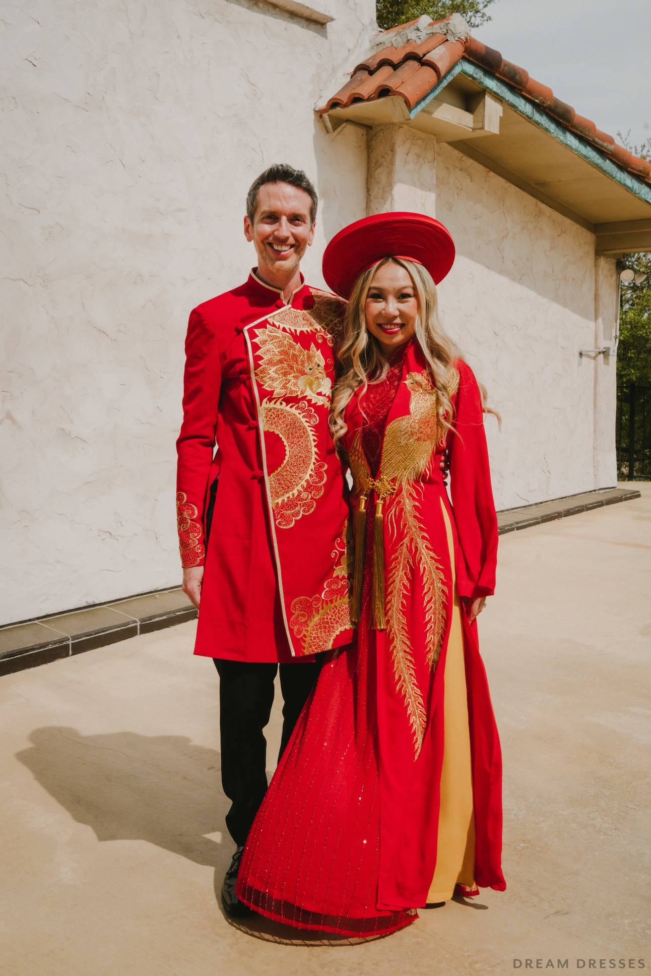 Red and Gold Ao Dai OverCoat | Traditional Vietnamese Bridal OverCoat (#FENGHUANG) - Dream Dresses by P.M.N.