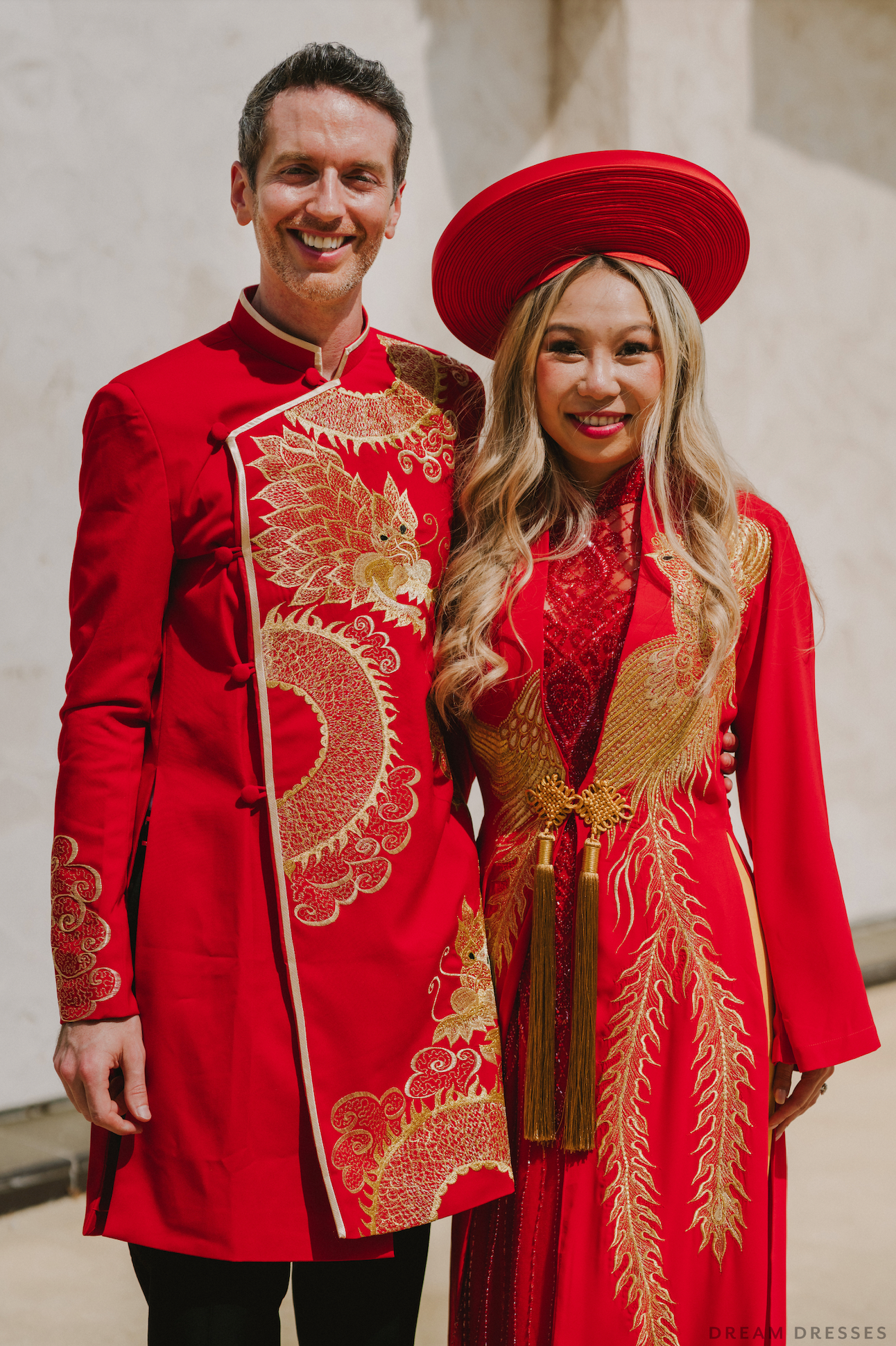 Red and Gold Ao Dai OverCoat | Traditional Vietnamese Bridal OverCoat (#FENGHUANG) - Dream Dresses by P.M.N.