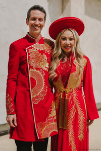 Red and Gold Ao Dai OverCoat | Traditional Vietnamese Bridal OverCoat (#FENGHUANG) - Dream Dresses by P.M.N.
