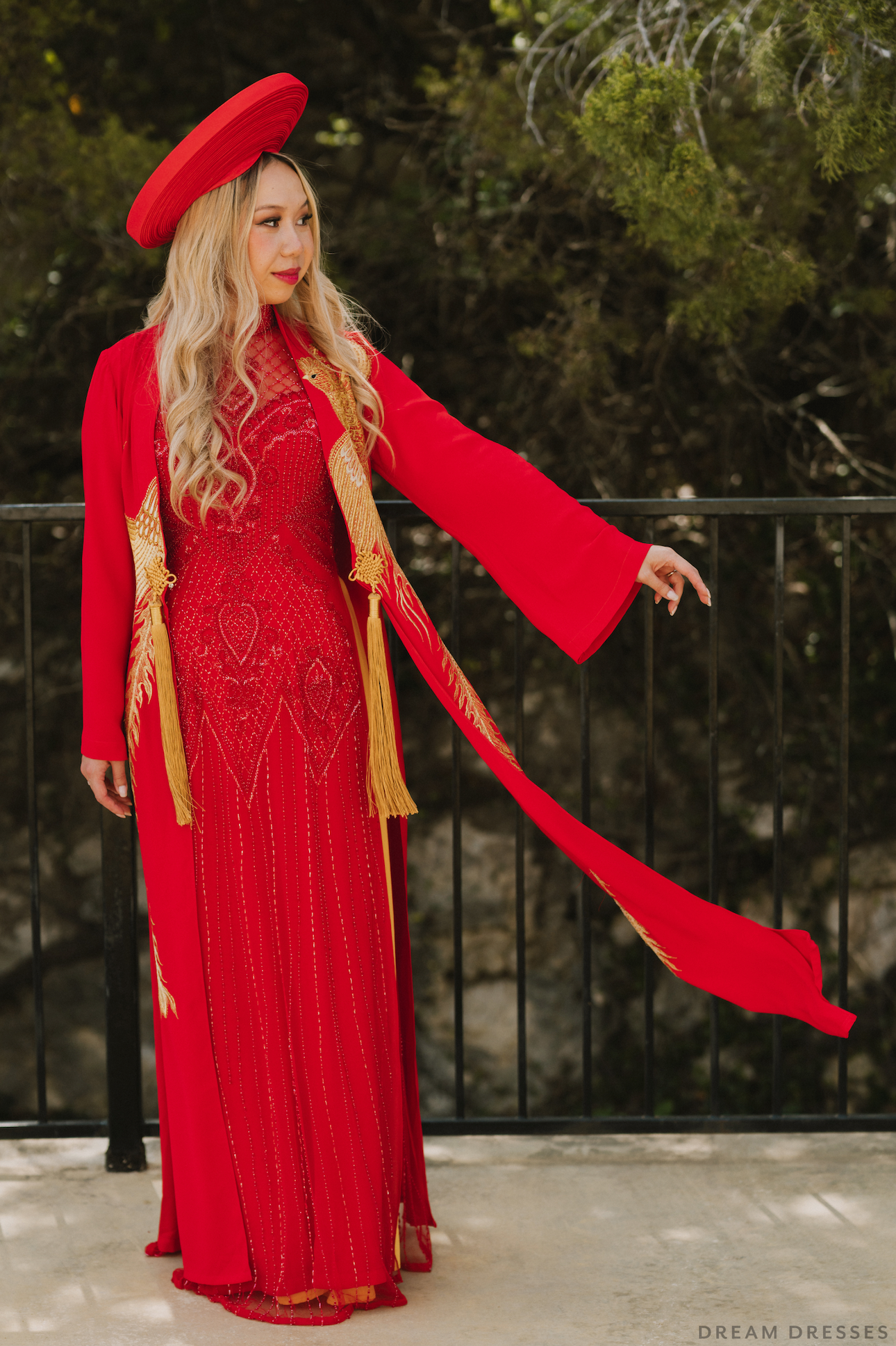 Red and Gold Ao Dai OverCoat | Traditional Vietnamese Bridal OverCoat (#FENGHUANG) - Dream Dresses by P.M.N.
