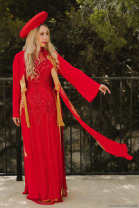 Red and Gold Ao Dai OverCoat | Traditional Vietnamese Bridal OverCoat (#FENGHUANG) - Dream Dresses by P.M.N.