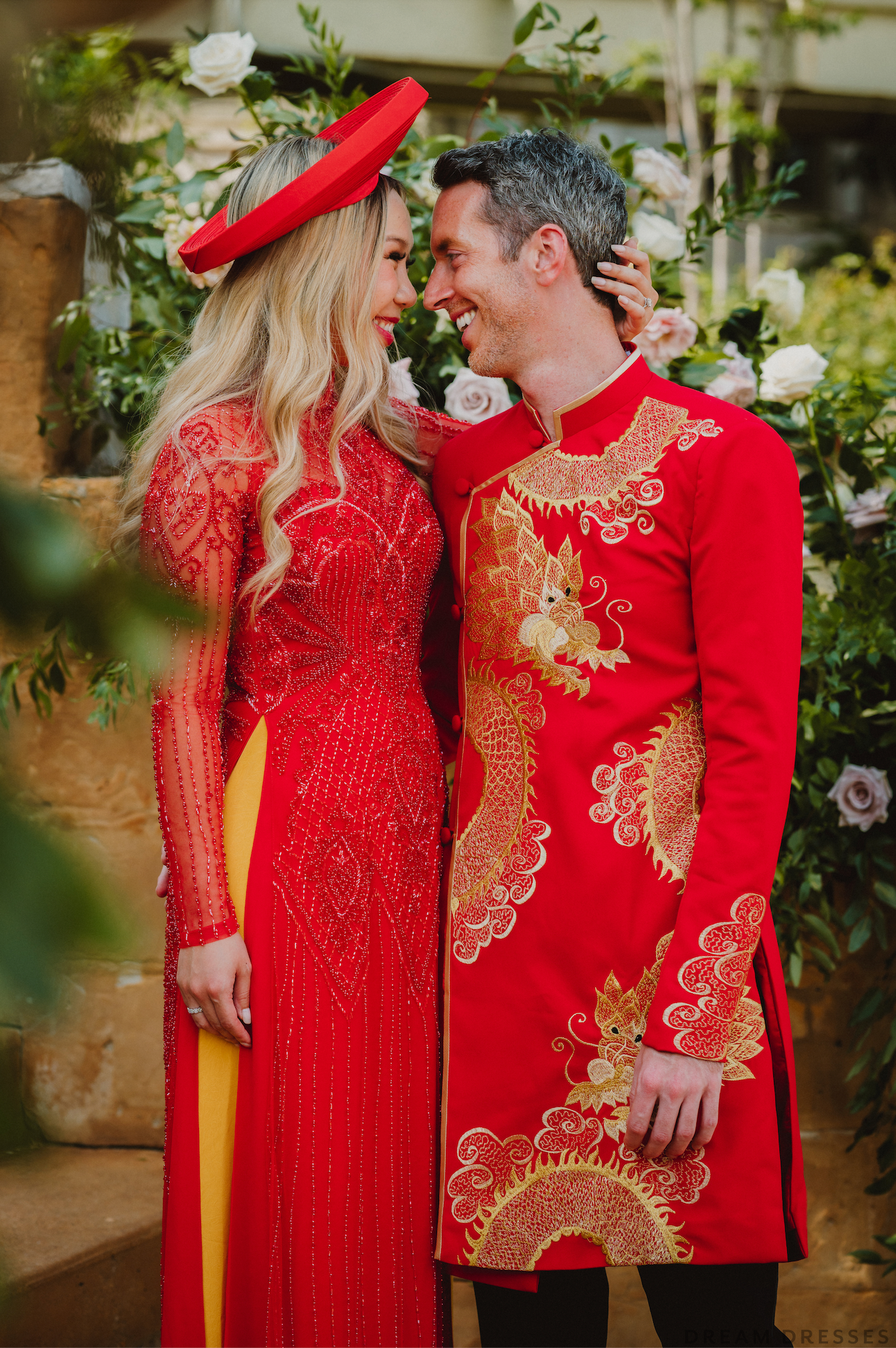 Red and Gold Groom Jacket with Dragon Embroidery| Vietnamese Groom Ao Dai  (#Ming) - Dream Dresses by P.M.N.