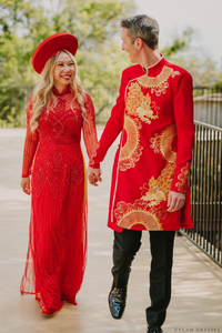 Red and Gold Groom Jacket with Dragon Embroidery| Vietnamese Groom Ao Dai  (#Ming) - Dream Dresses by P.M.N.