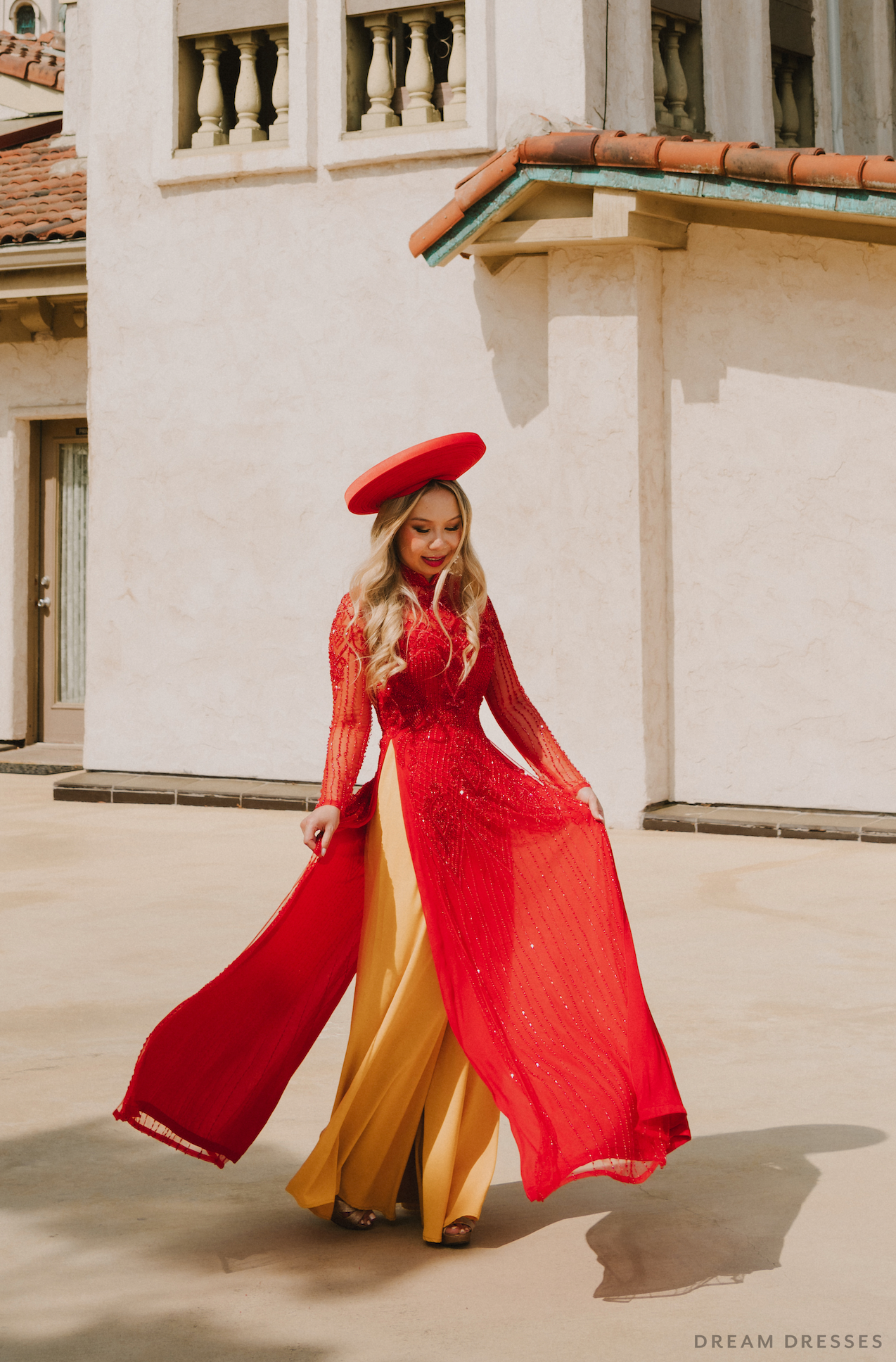 Red Bridal Ao Dai | Vietnamese Bridal Dress with Embellishments (#DAMITA)