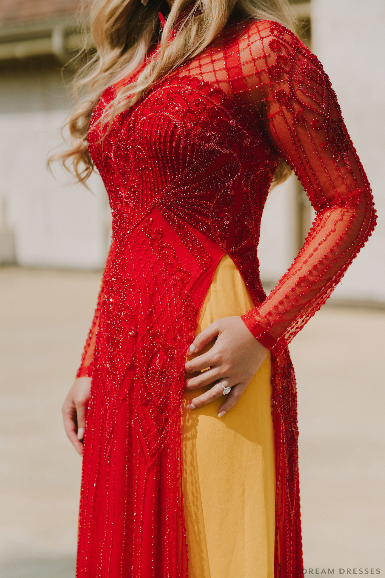 Red Bridal Ao Dai | Vietnamese Bridal Dress with Embellishments (#DAMITA)