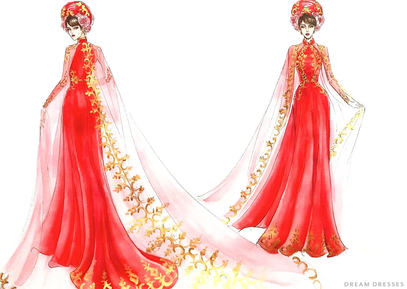 Red Ao Dai with Gold Lace | Vietnamese Lace Bridal Dress (#TALISA) - Dream Dresses by P.M.N.