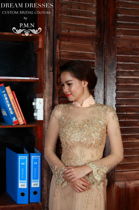 Champagne Ao Dai-Custom Made Vietnamese Bridal Dress (#PB103) - Dream Dresses by P.M.N
 - 1