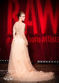 Gold Long Sleeve A-Line Tulle Gown (Style # PB097A) - Dream Dresses by P.M.N
 - 3