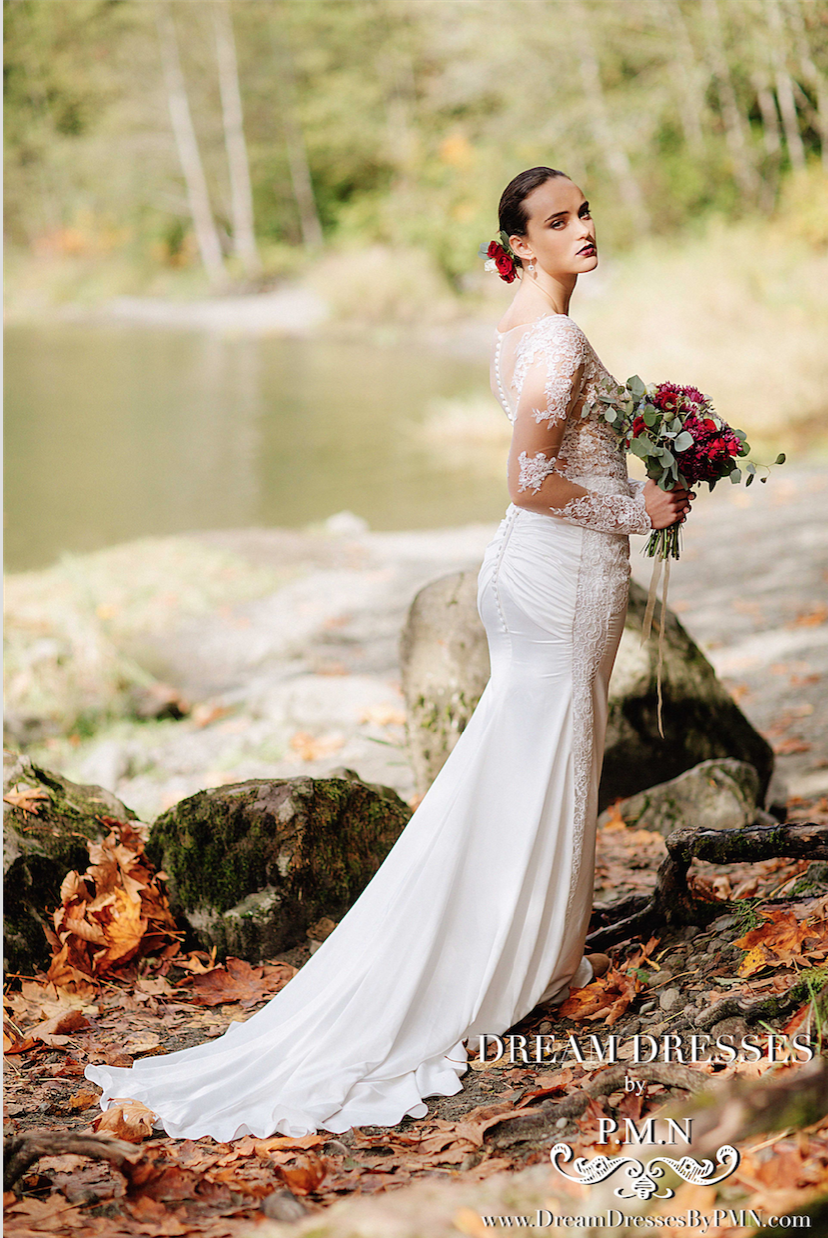 Long Sleeve Satin Wedding Dress (#SS16109) - Dream Dresses by P.M.N
 - 3