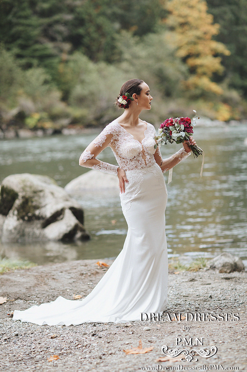 Long Sleeve Satin Wedding Dress (#SS16109) - Dream Dresses by P.M.N
 - 1