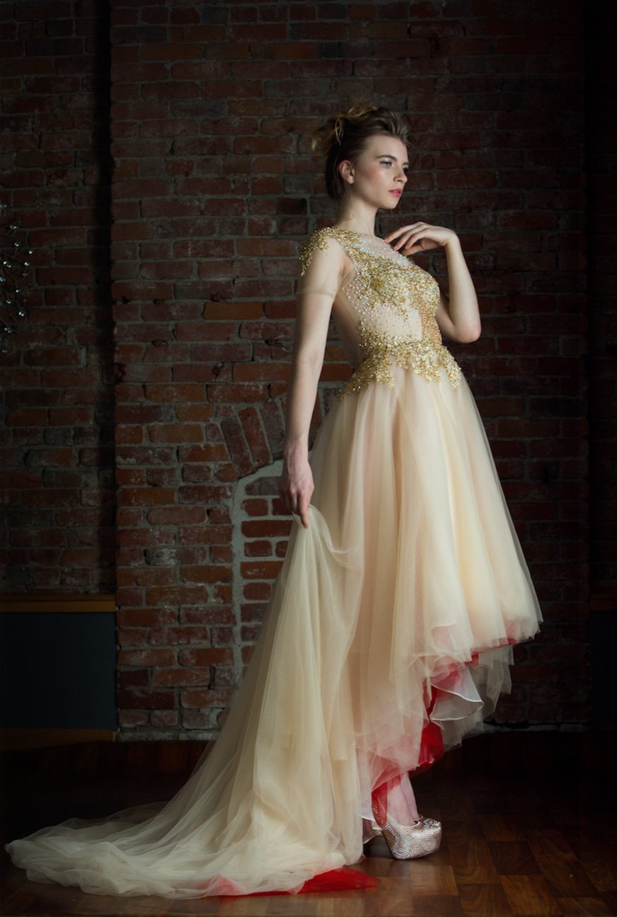 DreamDress By PMN Amber Gold Red Tea Length Wedding Dress Gown Illusion Neckline Beaded Lace Appliqu Cap Sleeves Chapel Train | Size: Custom DreamDress By PMN Amber Gold Red Tea Length Wedding Dress Gown Illusion Neckline Beaded Lace Appliqu Cap Sleeves Chapel Train | Size: Custom