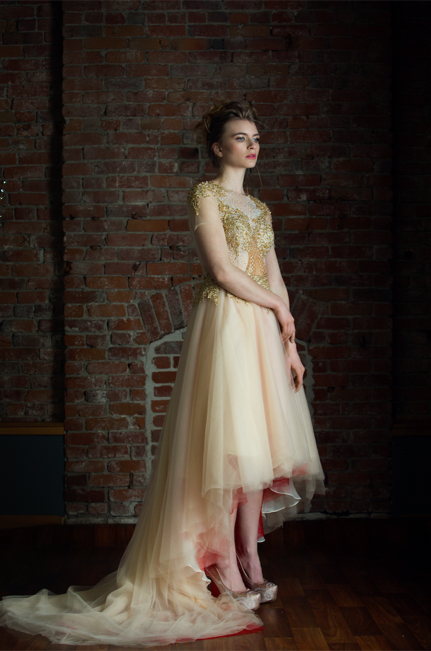 gold high low dress DreamDress By PMN Amber Gold Red Tea Length Wedding Dress Gown Illusion Neckline Beaded Lace Appliqué Cap Sleeves Chapel Train