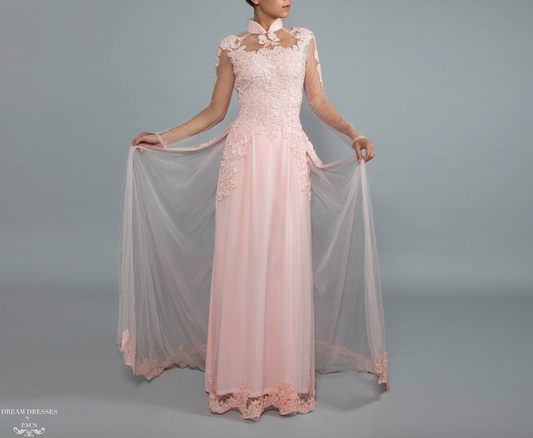 Blush Pink Bridal Ao Dai | Vietnamese Bridal Dress with Embellishment (#GALILAH) - Dream Dresses by P.M.N.