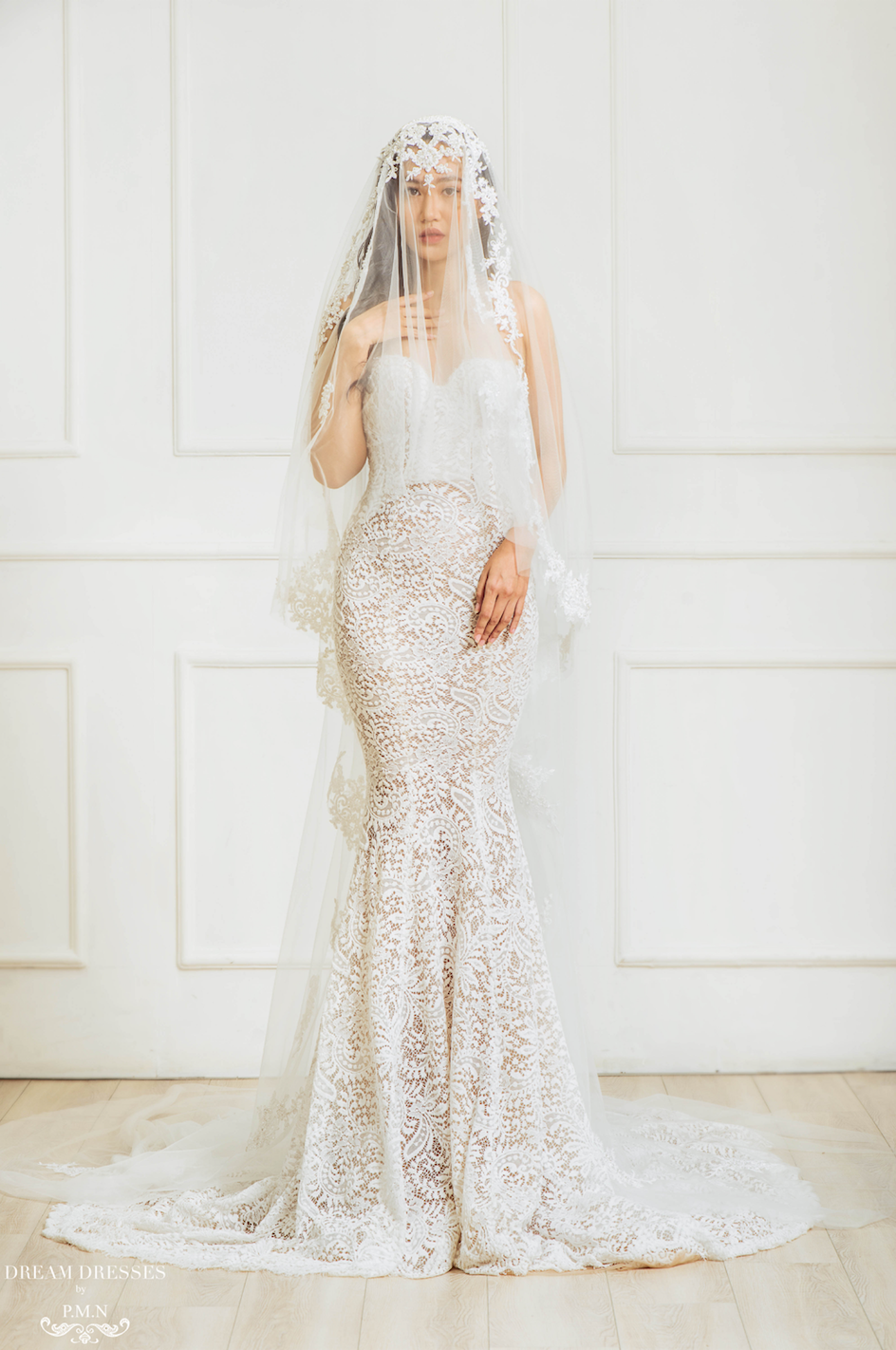 DreamDress By PMN Meliza Old Hollywood Glamour Wedding Veil Tulle Lace Applique Fully Hand-Applied Beaded | Size: Cathedral | Color: Light Ivory DreamDress By PMN Meliza Old Hollywood Glamour Wedding Veil Tulle Lace Applique Fully Hand-Applied Beaded | Size: Cathedral | Color: Light Ivory