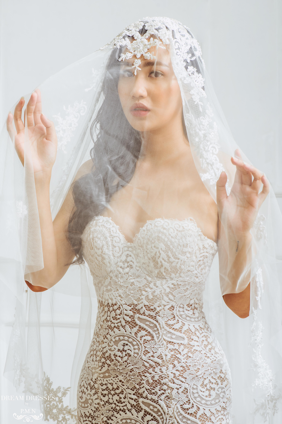 DreamDress By PMN Meliza Old Hollywood Glamour Wedding Veil Tulle Lace Applique Fully Hand-Applied Beaded | Size: Cathedral | Color: Light Ivory DreamDress By PMN Meliza Old Hollywood Glamour Wedding Veil Tulle Lace Applique Fully Hand-Applied Beaded | Size: Cathedral | Color: Light Ivory