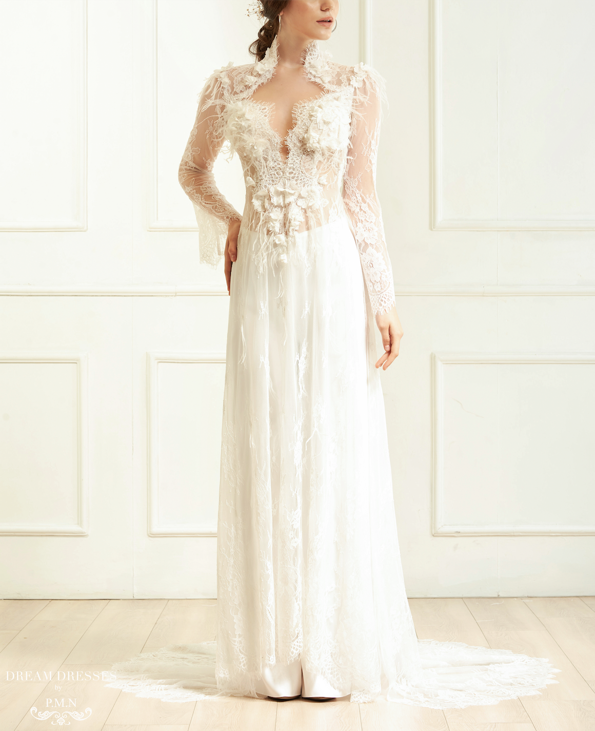 White Bridal Ao Dai | Vietnamese Lace Bridal Dress (#ALANNAH) - Dream Dresses by P.M.N.