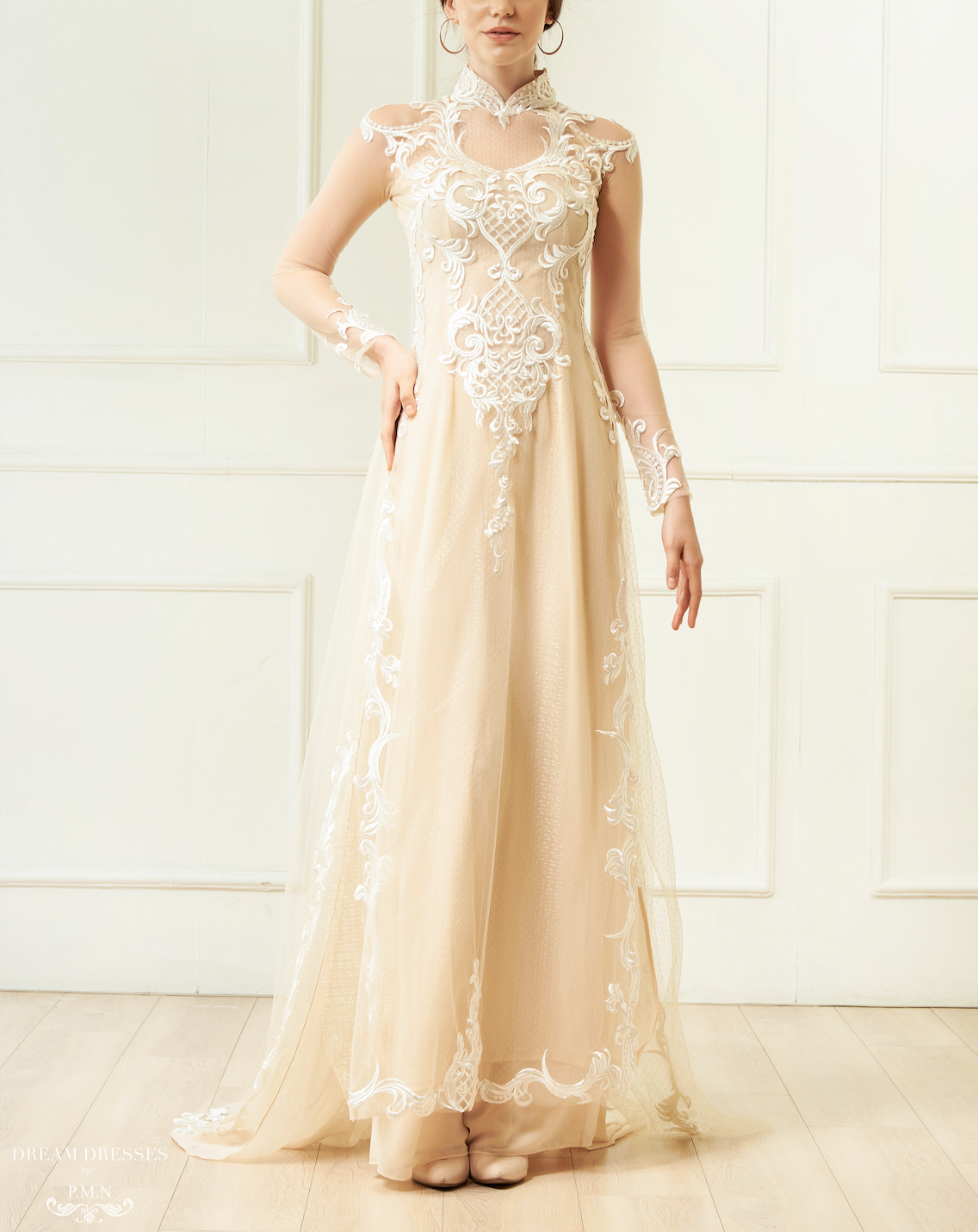 Champagne Ao Dai Lace Bridal Dress Cinda | Dream Dresses Champagne Ao Dai Lace Bridal Dress Cinda | Dream Dresses