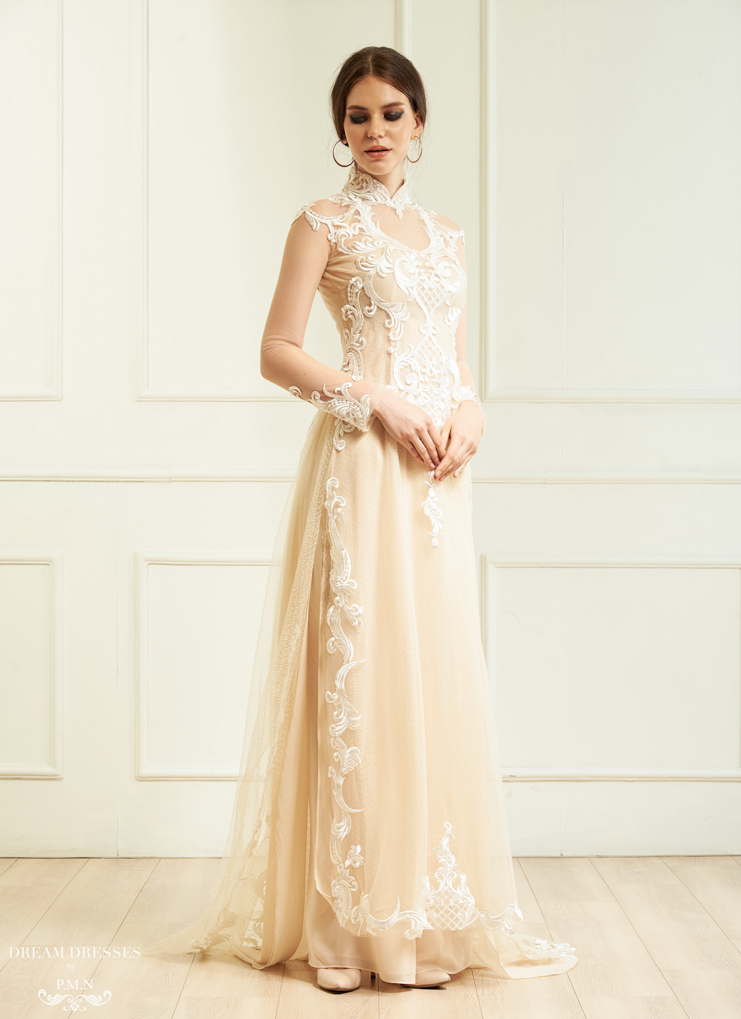 Dream Dresses by P.M.N. White Bridal AO Dai | Vietnamese Traditional Bridal Dress with Gold Lace (#JIAYI) 16