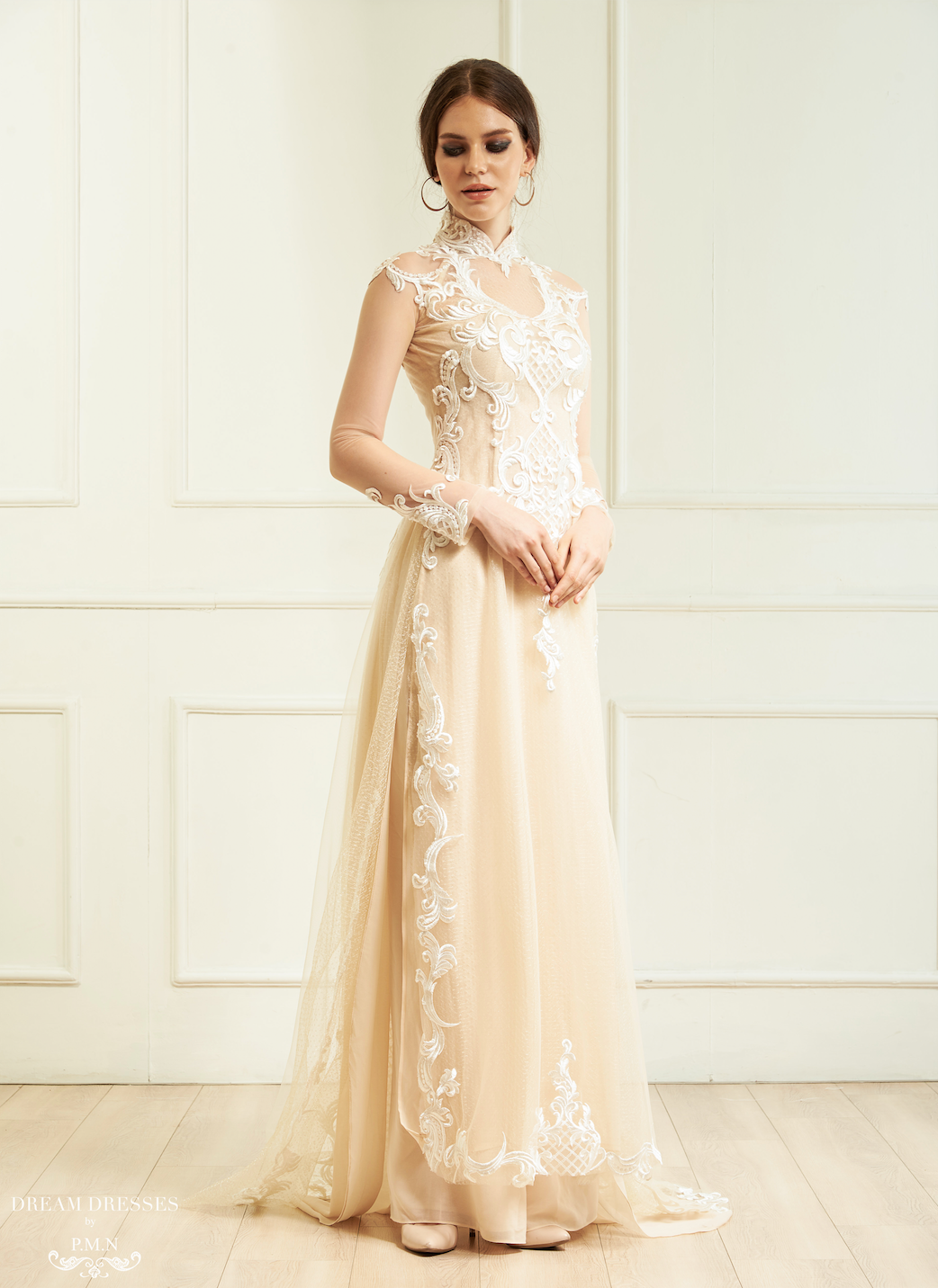 White Bridal Ao Dai | Vietnamese Lace Bridal Dress (#CINDA) - Dream Dresses by P.M.N.
