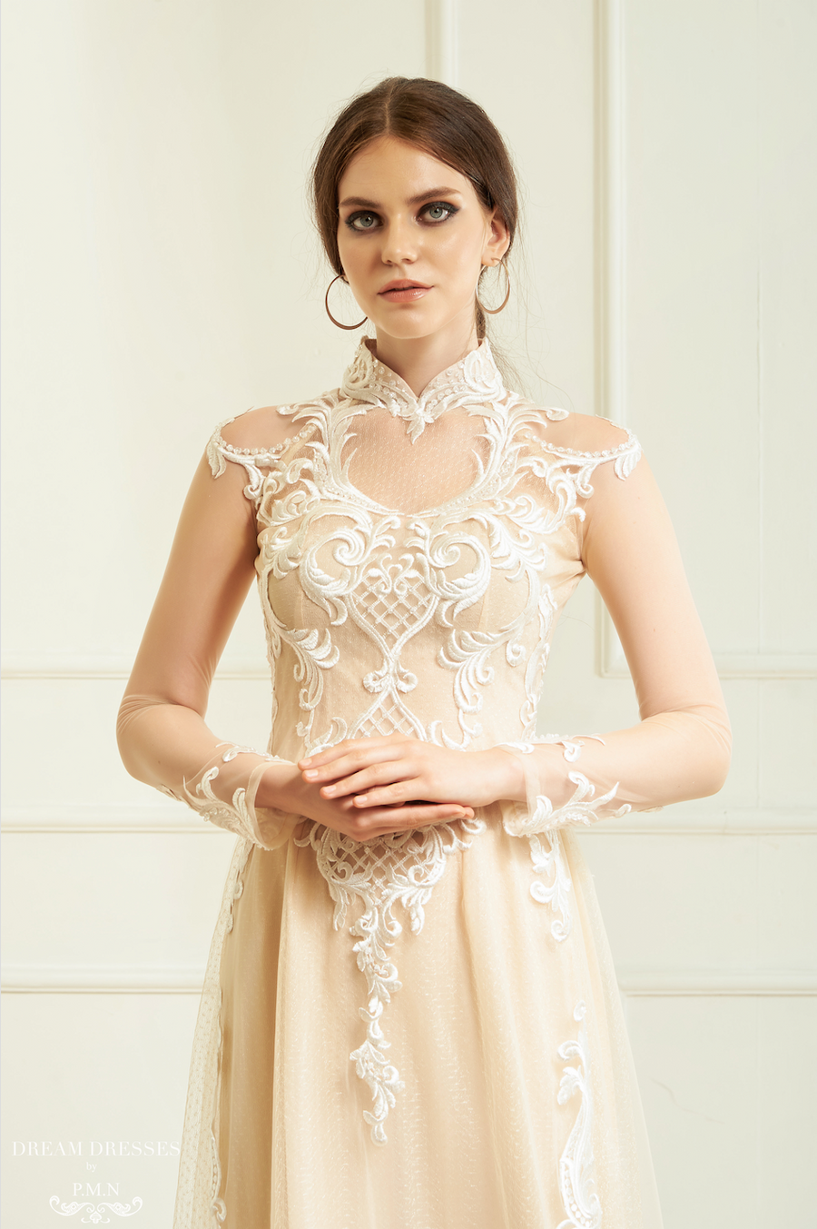 White Bridal Ao Dai | Vietnamese Lace Bridal Dress (#CINDA) - Dream Dresses by P.M.N.