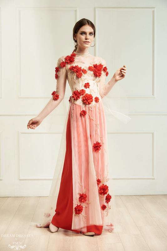 Red Bridal Ao Dai | Vietnamese Bridal Dress with Embellishment (#INA) - Dream Dresses by P.M.N.