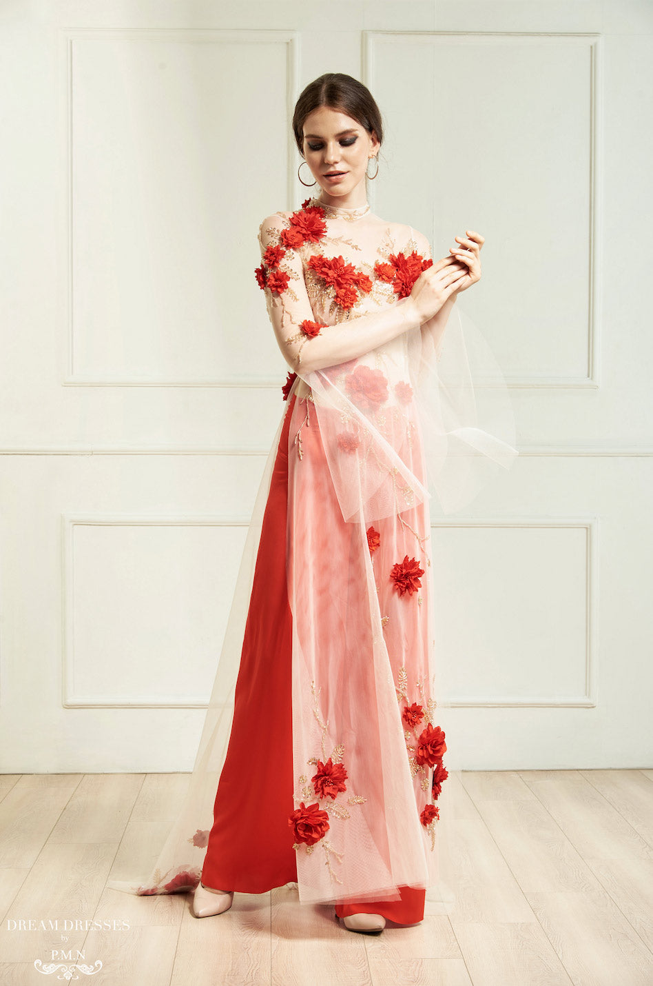 Red Bridal Ao Dai | Vietnamese Bridal Dress with Embellishment (#INA) - Dream Dresses by P.M.N.