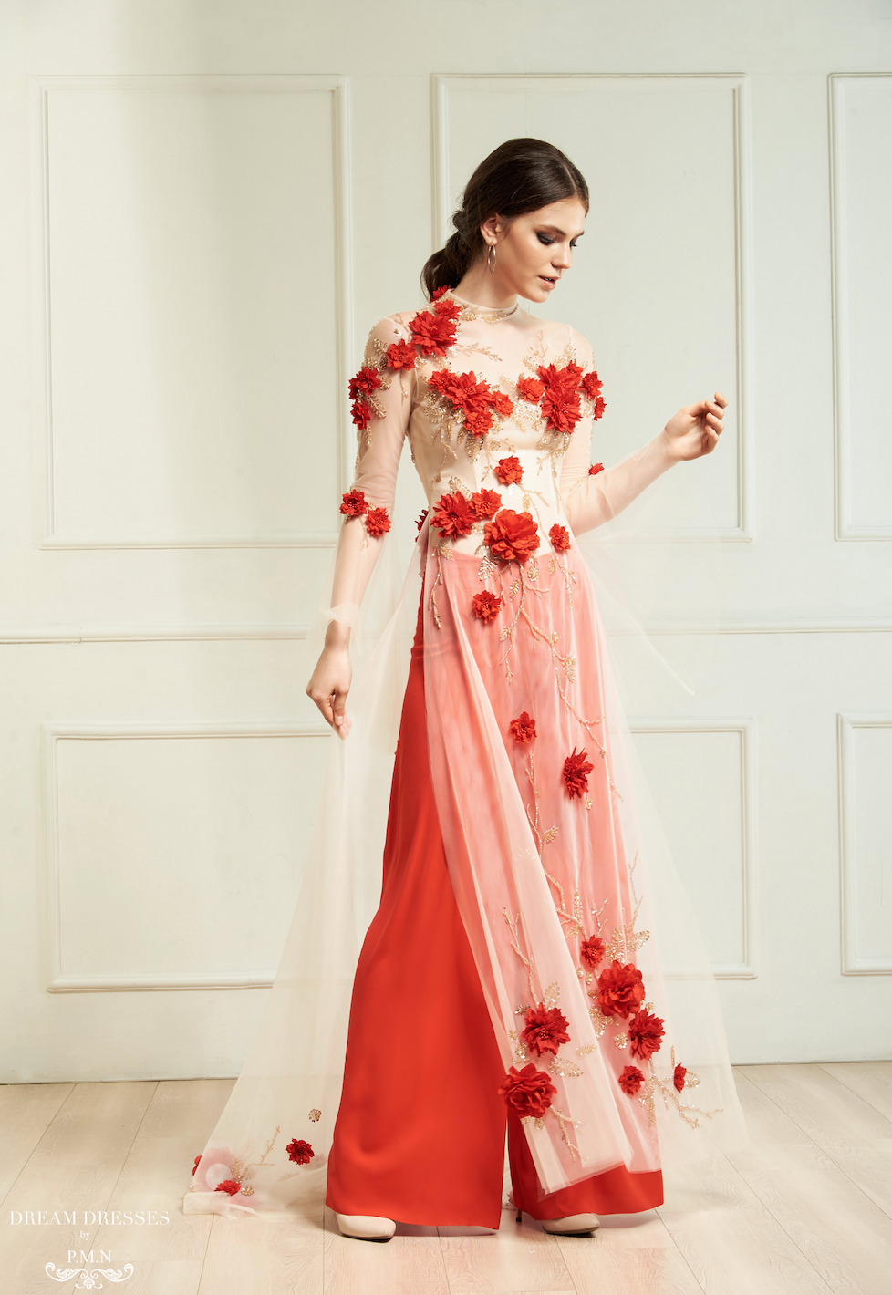 Red Bridal Ao Dai | Vietnamese Bridal Dress with Embellishment (#INA) - Dream Dresses by P.M.N.