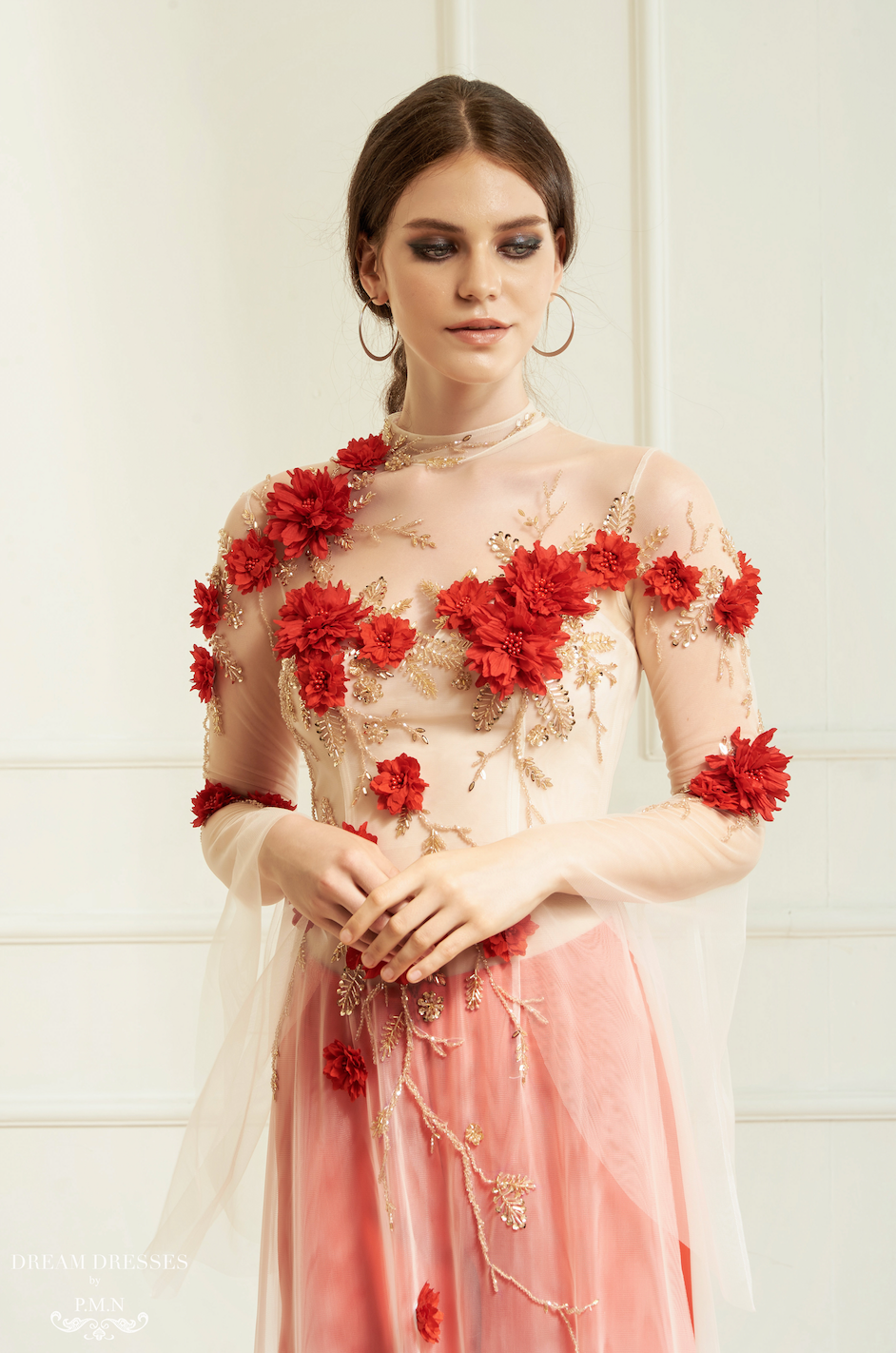 Red Bridal Ao Dai | Vietnamese Bridal Dress with Embellishment (#INA) - Dream Dresses by P.M.N.