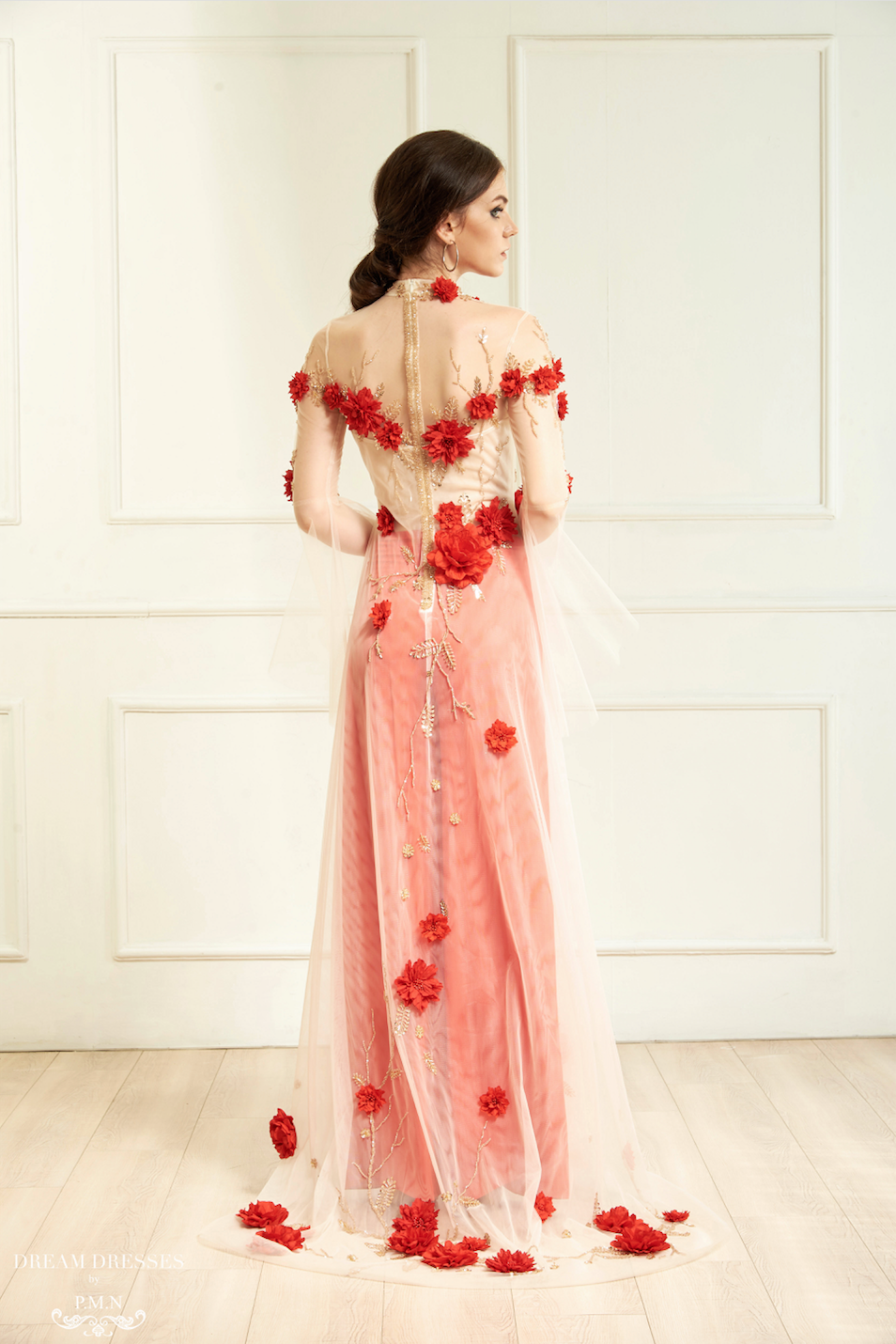 Red Bridal Ao Dai | Vietnamese Bridal Dress with Embellishment (#INA) - Dream Dresses by P.M.N.