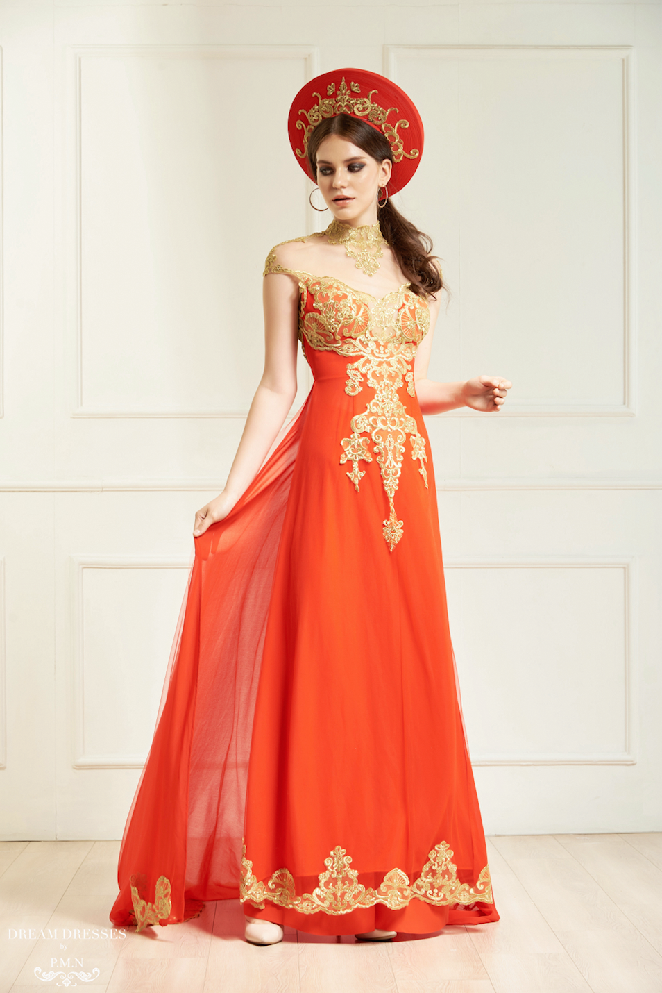 Red Bridal Ao Dai with Gold Lace | Vietnamese Bridal Dress (#KAROLIA) | Dream Dresses by P.M.N. Red Bridal Ao Dai with Gold Lace | Vietnamese Bridal Dress (#KAROLIA) | Dream Dresses by P.M.N.