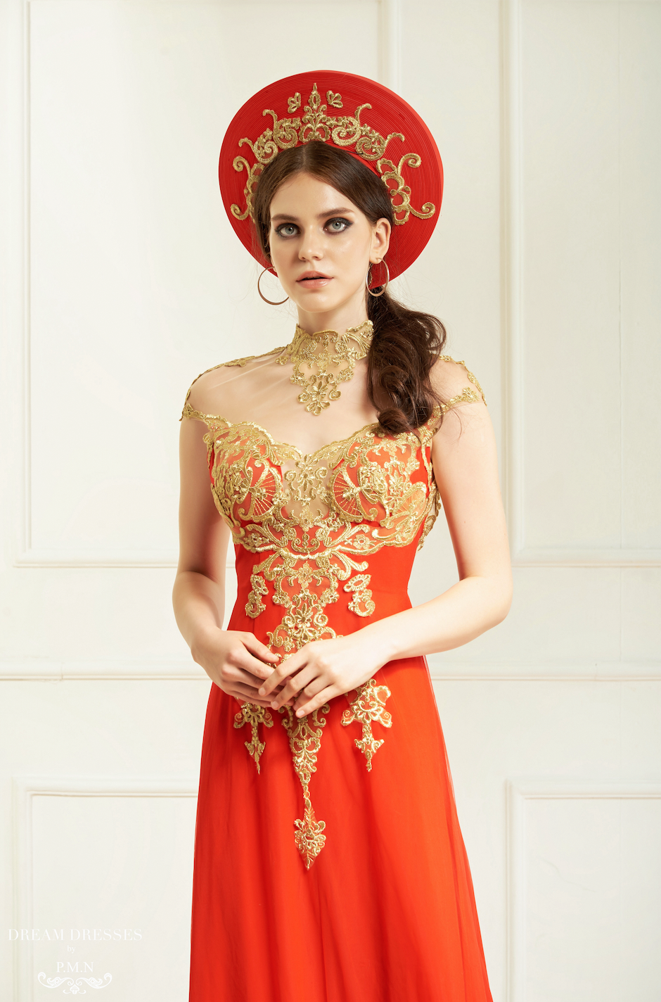 Red Bridal Ao Dai with Gold Lace | Vietnamese Bridal Dress (#KAROLIA)